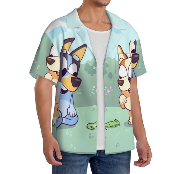 Lsque Bluey print Men's Cuban Collar Short Sleeve Shirt Summer Beachwear Casual Button Down Fashionable Vacation Leisure Shirt-XX-Large
