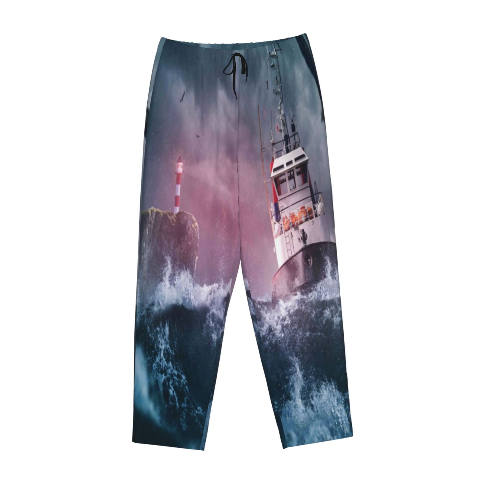 Lsque Boat Lighthouse Storm Waves Print Women's Pajama Pants, Lounge ...