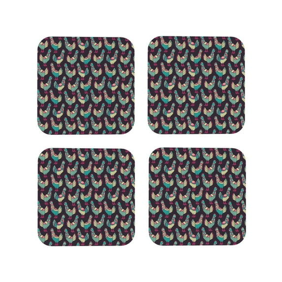 Lsque Bohemian Chicken Pattern 4" Drink Coasters Set of 4, PVC Leather Absorbent Coasters, Table Coaster Set Decorative Coffee Cup Coasters Housewarming Gift -Square