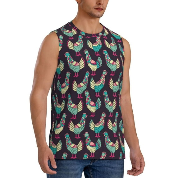 Lsque Bohemian Chicken Print Men's Cotton Blend Sleeveless Muscle Shirts (S-3XL)- Moisture Wicking, Odor Protection, UPF 30+,Small