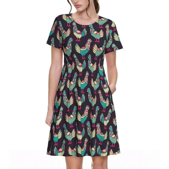 Lsque Bohemian Chicken Print Women's Casual Dress T-Shirt Summer Short Sleeve Scoop Neck Swing Dresses
