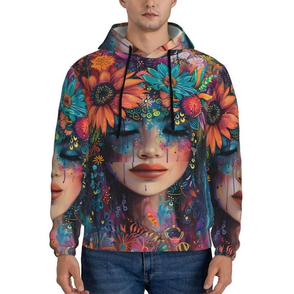 Lsque Bohemian Colorful Flower Woman Pattern Casual Men's Hoodie,Hooded Sweatshirt with Kangaroo Pocket,Pullover Hoodie-Large