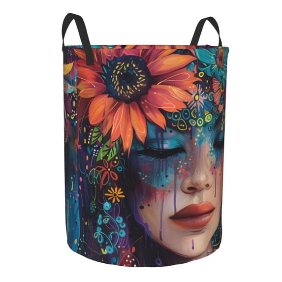 Lsque Bohemian Colorful Flower Woman pattern Laundry Hamper Basket, Tall Woven Rope Hamper Basket for Clothes, Lightweight Storage Basket, Collapsible Waterproof-Small