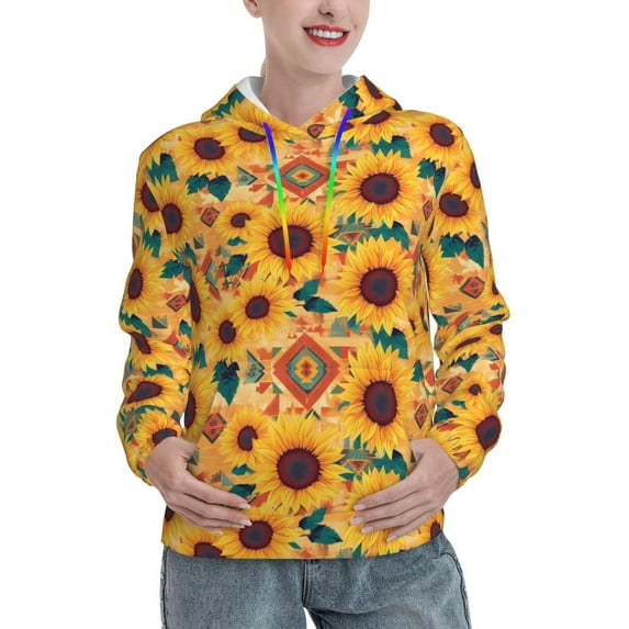 Lsque Bohemian Sunflower Pattern Casual Women's Hoodie,Hooded Sweatshirt with Kangaroo Pocket,Pullover Hoodie with Eye-catching Drawstrings-Medium