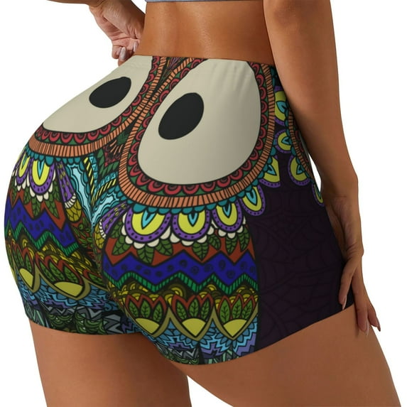 Lsque Boho Owl Pattern High Waisted Biker Shorts for Women-Tummy Control Fitness Athletic Workout Running Yoga Gym Shorts,Moisture-Wicking-Medium