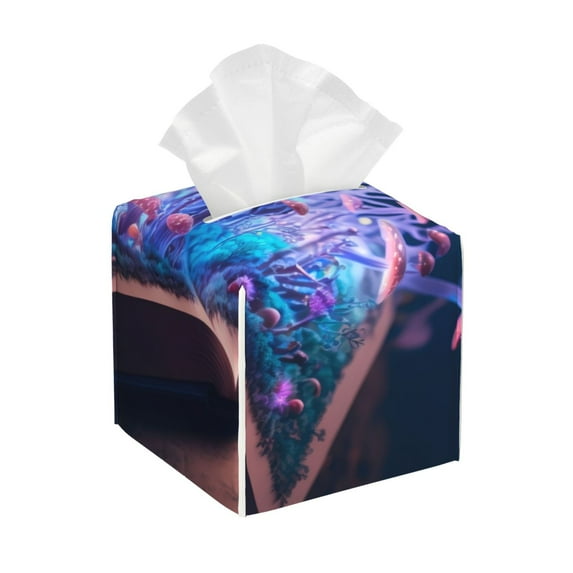 Lsque Book Glowing Mushrooms Printed Tissue Box Cover Holder, Facial Paper Organizer Dispenser,Square with Bottom Belt, PVC Leather Decorative Organizer