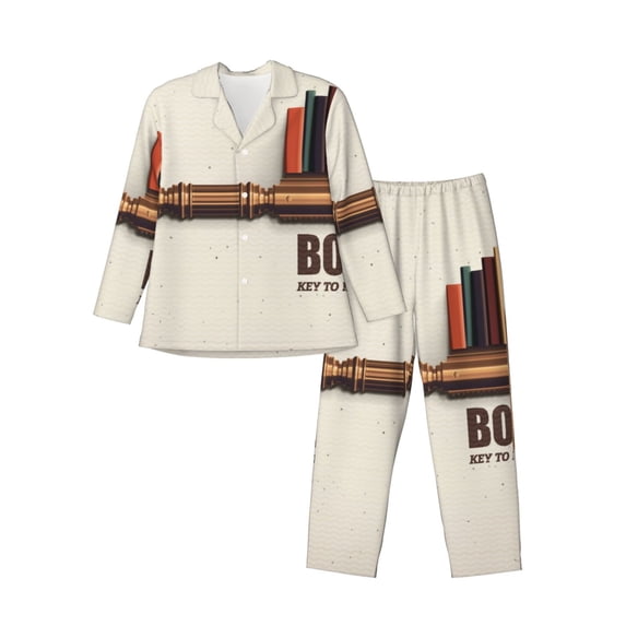 Lsque Books Key To Knowledge Pattern Long Sleeve Pajama Set for Men - Soft 2-Piece Sleepwear and Loungewear Set with Pockets, Comfy Nightwear-Large