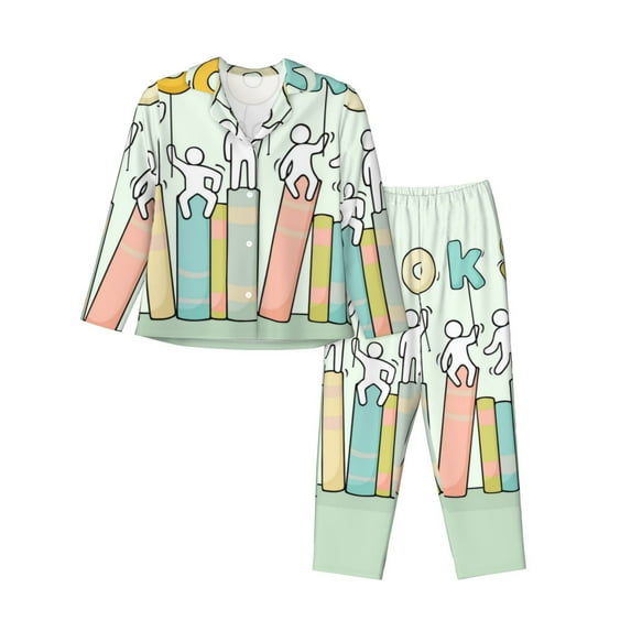 Lsque Books Pattern Long Sleeve Pajama Set for Women - Soft 2-Piece Sleepwear and Loungewear Set with Pockets, Comfy Nightwear-Large