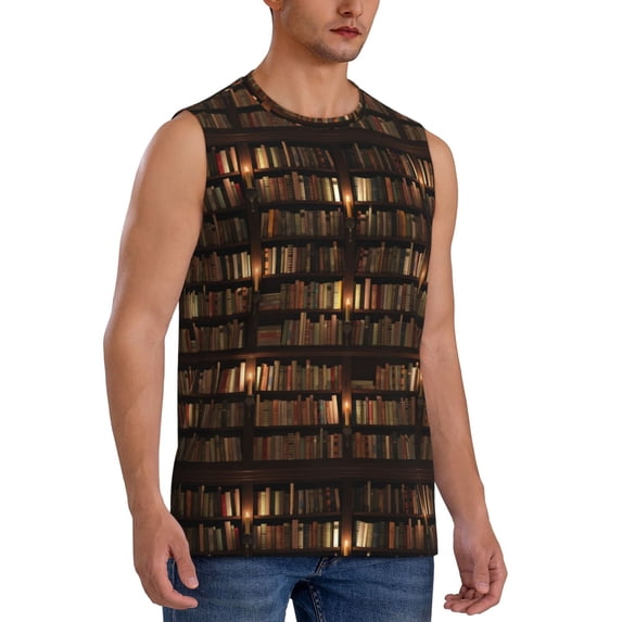 Lsque Bookshelves Print Men's Cotton Blend Sleeveless Muscle Shirts (S-3XL)- Moisture Wicking, Odor Protection, UPF 30+,3X-Large