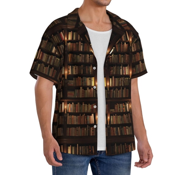 Lsque Bookshelves print Men's Cuban Collar Short Sleeve Shirt Summer Beachwear Casual Button Down Fashionable Vacation Leisure Shirt-Large