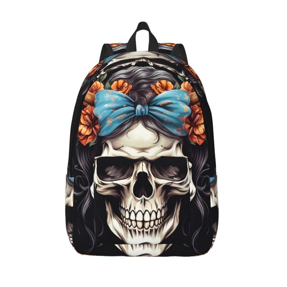 Lsque Bow Flower Skull Pattern Canvas Daypack, Durable Backpack, High-quality Versatile Backpack,Vintage Compact Backpack-Small