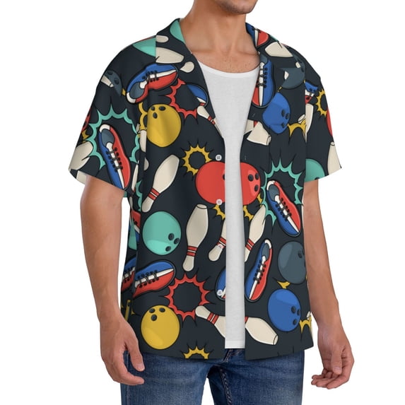Lsque Bowling Ball print Men's Cuban Collar Short Sleeve Shirt Summer Beachwear Casual Button Down Fashionable Vacation Leisure Shirt-3X-Large