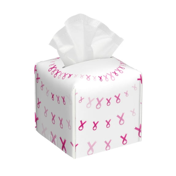 Lsque Breast Cancer Awareness (4) Printed Tissue Box Cover Holder, Facial Paper Organizer Dispenser,Square with Bottom Belt, PVC Leather Decorative Organizer