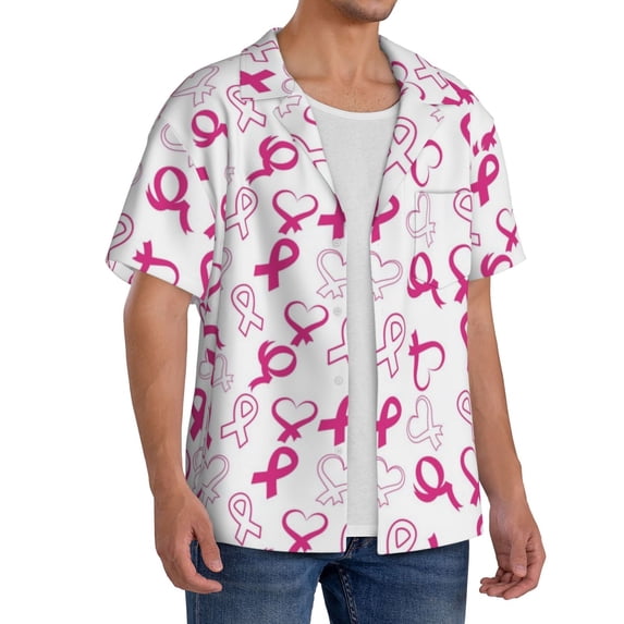 Lsque Breast Cancer Awareness4 print Men's Cuban Collar Short Sleeve Shirt Summer Beachwear Casual Button Down Fashionable Vacation Leisure Shirt-Medium