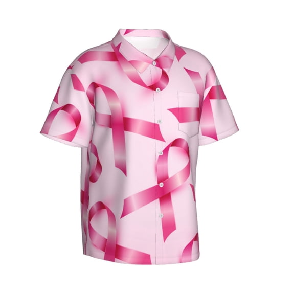 Lsque Breast Cancer Ribbons Awareness pattern Hawaiian Shirt for Men, Unisex Summer Beach Casual Short Sleeve Button Down Shirts-Small