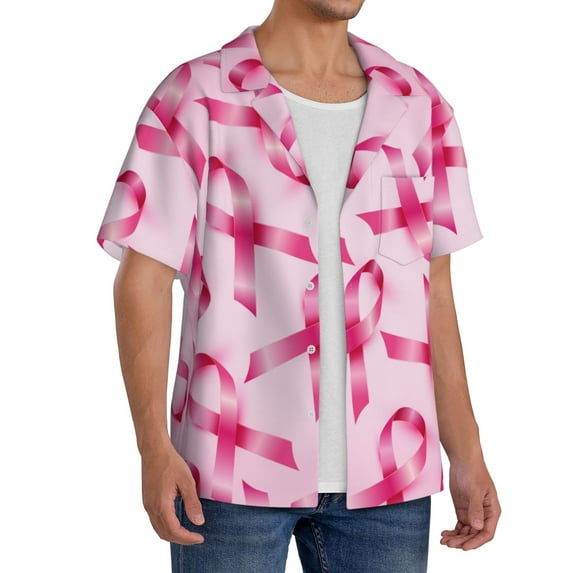 Lsque Breast Cancer Ribbons Awareness print Men's Cuban Collar Short Sleeve Shirt Summer Beachwear Casual Button Down Fashionable Vacation Leisure Shirt-3X-Large