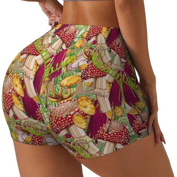 Lsque Bright Mushrooms Pattern High Waisted Biker Shorts for Women-Tummy Control Fitness Athletic Workout Running Yoga Gym Shorts,Moisture-Wicking-Medium