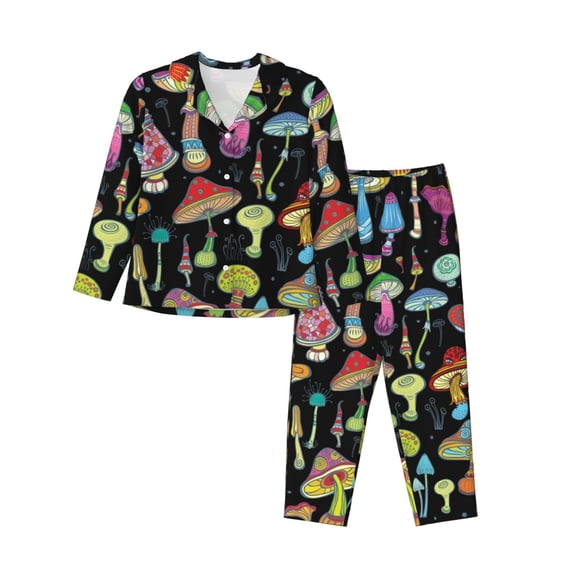 Lsque Bright Mushrooms Pattern Long Sleeve Pajama Set for Women - Soft 2-Piece Sleepwear and Loungewear Set with Pockets, Comfy Nightwear-Medium