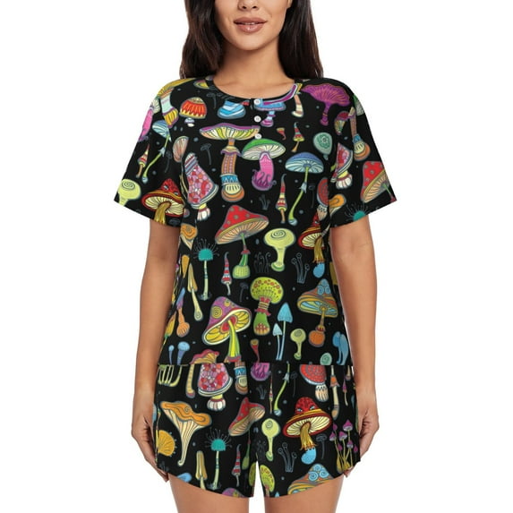 Lsque Bright Mushrooms Women's Short-Sleeved Pajama Set - 2 Piece Soft and Lightweight Sleepwear Set-Medium
