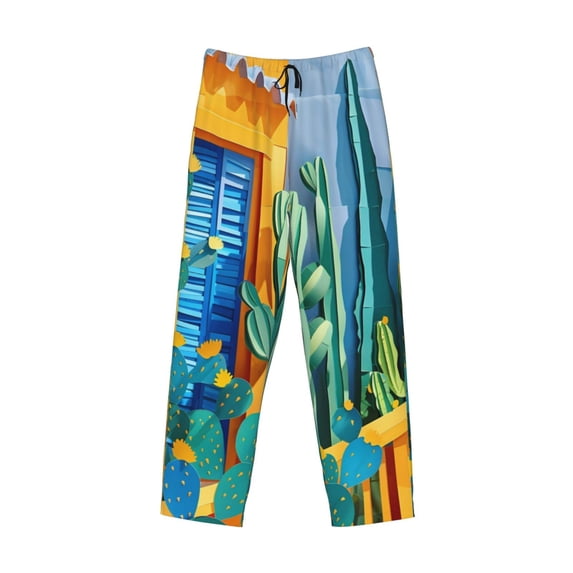 Lsque Bright Paper Cactus Scene Print Men's Pajama Pants, Lounge Pant - Comfortable Home Wear,Elastic Waistband, Stylish Design-Large