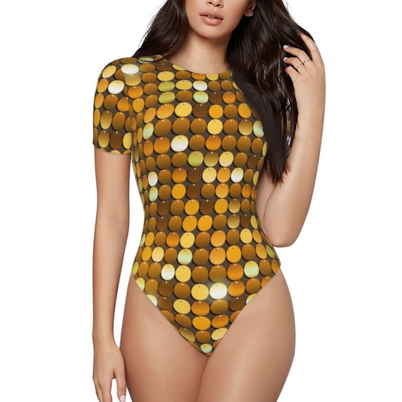 Lsque Bright Shiny Golden Women's Crew Neck Short Sleeve Bodysuit Basic T Shirts Tops Onesie Adult Cute Pajama-Medium