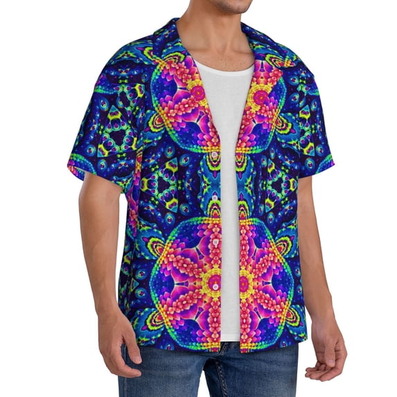 Lsque Bright Turtles print Men's Cuban Collar Short Sleeve Shirt Summer Beachwear Casual Button Down Fashionable Vacation Leisure Shirt-Medium