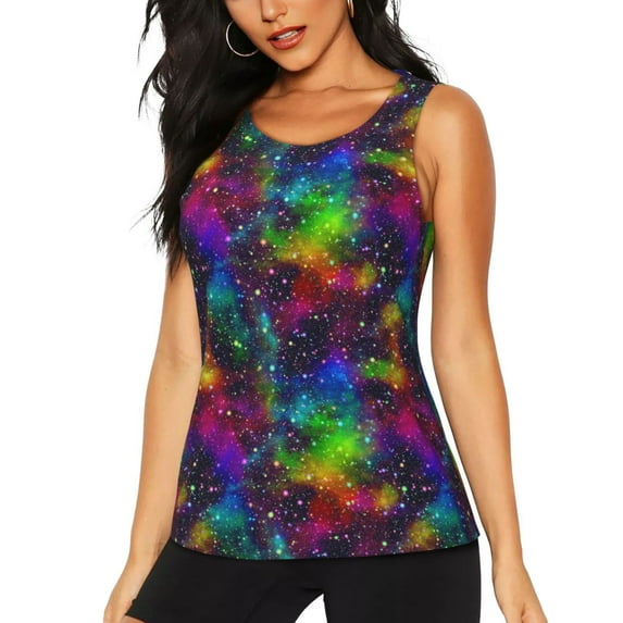 Lsque Bright Universe Printed Workout Tank Tops for Women, Athletic Sports Tank Tops, Compression Sleeveless Dry Fit Shirts,Sleeveless Yoga Shirt-Small