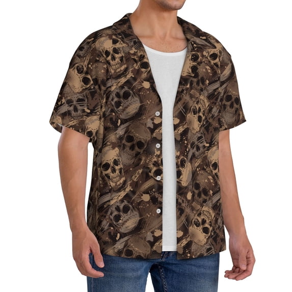 Lsque Brown Camouflage Skull print Men's Cuban Collar Short Sleeve Shirt Summer Beachwear Casual Button Down Fashionable Vacation Leisure Shirt-3X-Large