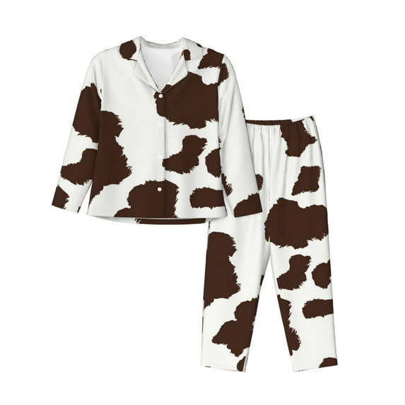 Lsque Brown Cow Pattern Long Sleeve Pajama Set for Women - Soft 2-Piece Sleepwear and Loungewear Set with Pockets, Comfy Nightwear-XX-Large