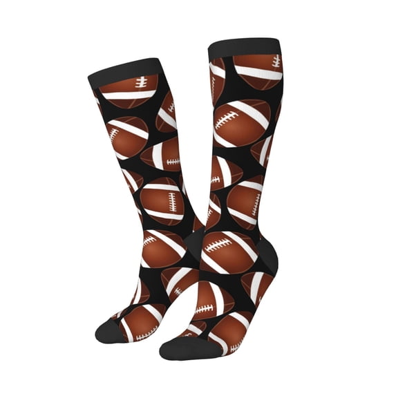 Lsque Brown Football On Black Printed Crew Socks Men's Women's LightWeight Thin Casual Calf Socks ,Knee High Socks,Cotton Socks