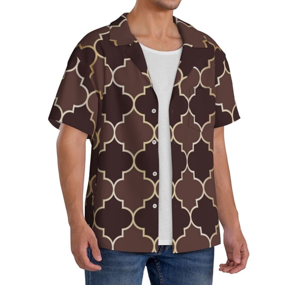 Lsque Brown Gold Grid print Men's Cuban Collar Short Sleeve Shirt Summer Beachwear Casual Button Down Fashionable Vacation Leisure Shirt-3X-Large