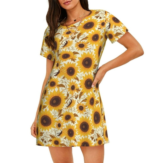Lsque Brown Leaf Pattern Sunflower Pattern Nightgowns for Women Sleep Shirts Short Sleeve Nightshirt Pullover Nightdress Soft Sleepwear Relaxed Fit Nightdress