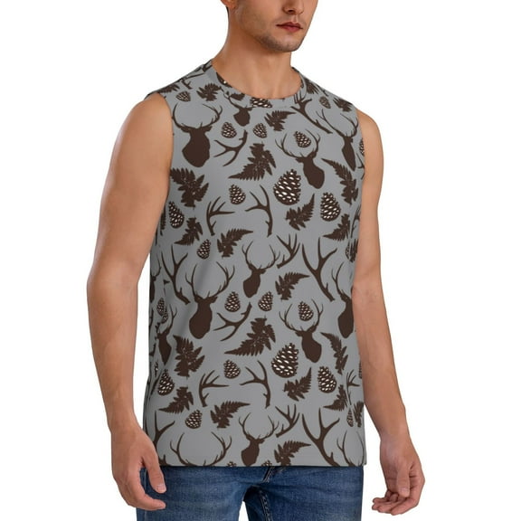 Lsque Brown Moose with Pinecones Print Men's Cotton Blend Sleeveless Muscle Shirts (S-3XL)- Moisture Wicking, Odor Protection, UPF 30 ,XX-Large