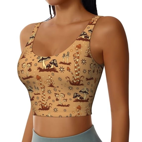 Lsque Brown Mushrooms Printed Women'S Sports Bra, Compression, Moisture Wicking, High-Impact Sports Bra For Women,Supportive sports bra-Small
