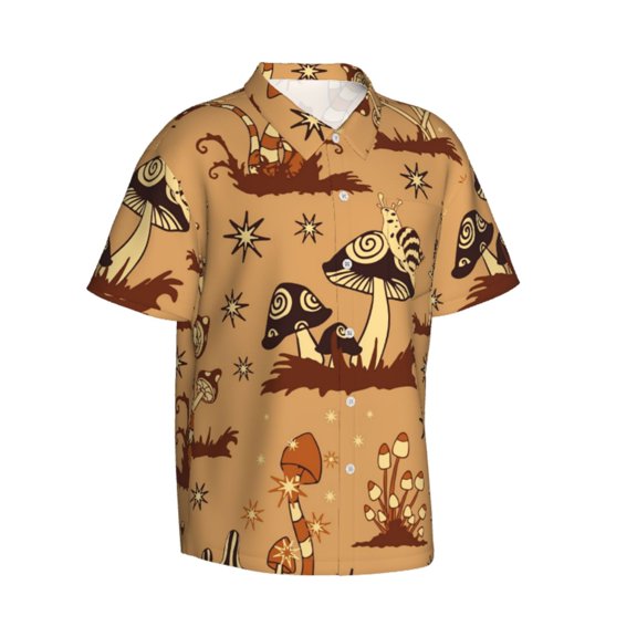 Lsque Brown Mushrooms pattern Hawaiian Shirt for Men, Unisex Summer Beach Casual Short Sleeve Button Down Shirts-Medium