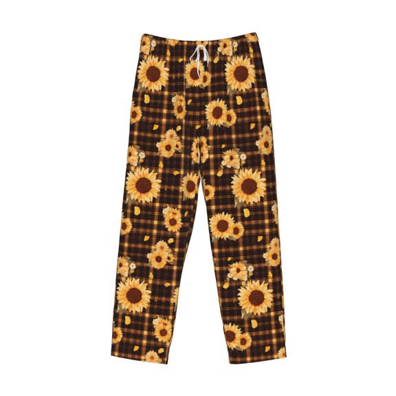 Lsque Brown Plaid Sunflower Print Men's Pajama Pants, Lounge Pant - Comfortable Home Wear,Elastic Waistband, Stylish Design-XX-Large
