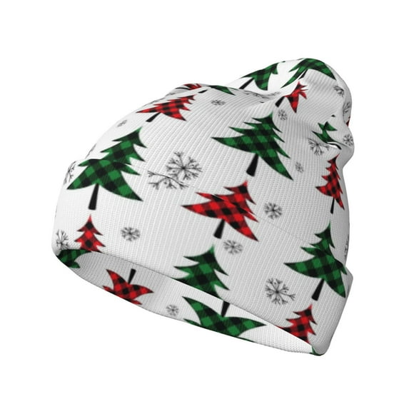 Lsque Buffalo Plaid Christmas Trees Pattern Knitted Beanie, Unisex Winter Hat, Knit Hat Winter Beanies Thick Fisherman Beanies Cuffed Plain Skull Caps
