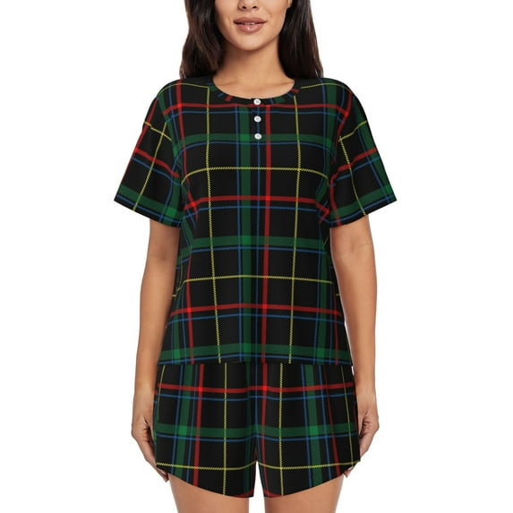 Lsque Buffalo Plaid Dark Green Women's Short-Sleeved Pajama Set - 2 Piece Soft and Lightweight Sleepwear Set-Medium