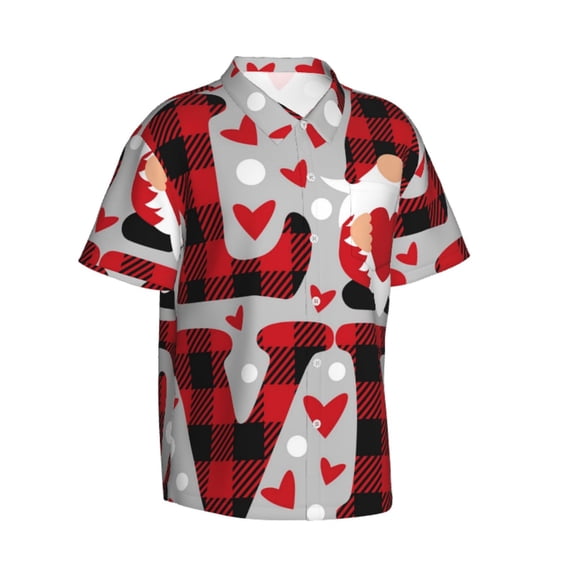 Lsque Buffalo Plaid Love And Gnome pattern Hawaiian Shirt for Men, Unisex Summer Beach Casual Short Sleeve Button Down Shirts-XX-Large