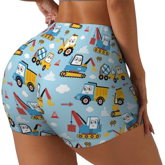Lsque Building Truck Pattern High Waisted Biker Shorts for Women-Tummy Control Fitness Athletic Workout Running Yoga Gym Shorts,Moisture-Wicking-X-Large