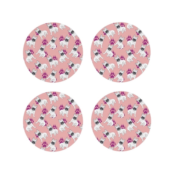 Lsque Bulldog Pattern 4" Drink Coasters Set of 4, PVC Leather Absorbent Coasters, Table Coaster Set Decorative Coffee Cup Coasters Housewarming Gift -Round Shape