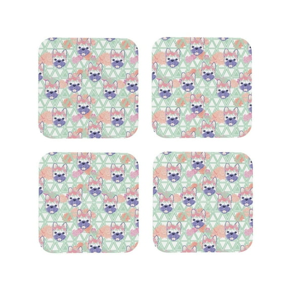 Lsque Bulldog Pattern 4" Drink Coasters Set of 4, PVC Leather Absorbent Coasters, Table Coaster Set Decorative Coffee Cup Coasters Housewarming Gift -Square
