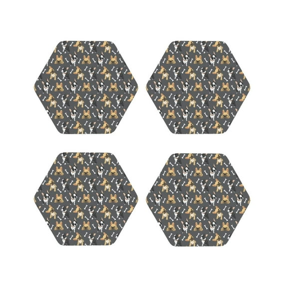 Lsque Bulldog Print Pattern 4" Drink Coasters Set of 4, PVC Leather Absorbent Coasters, Table Coaster Set Decorative Coffee Cup Coasters Housewarming Gift -Hexagon