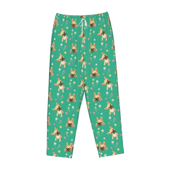 Lsque Bulldog Puppy Flower Print Women's Pajama Pants, Lounge Pant - Comfortable Home Wear,Elastic Waistband, Stylish Design-X-Large