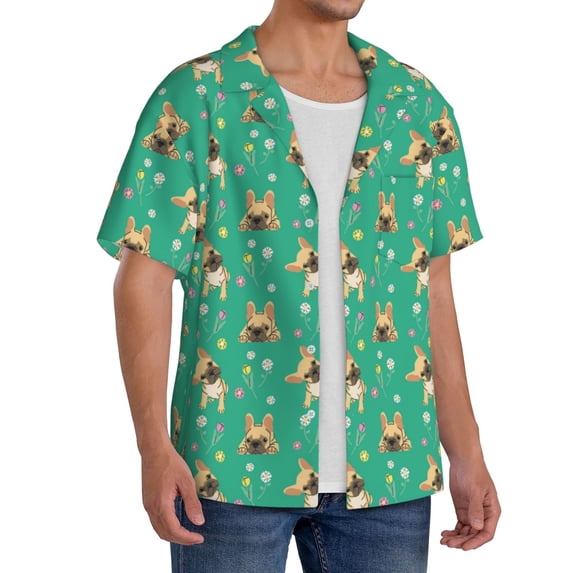 Lsque Bulldog Puppy Flower print Men's Cuban Collar Short Sleeve Shirt Summer Beachwear Casual Button Down Fashionable Vacation Leisure Shirt-Medium