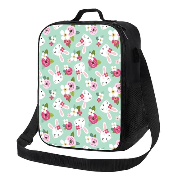 Lsque Bunny And Rose Lunch Bag Lunch Box for Women Men Reusable Insulated Lunch Tote Bag,Leakproof Thermal Cooler Sack Food Handbags Case High Capacity