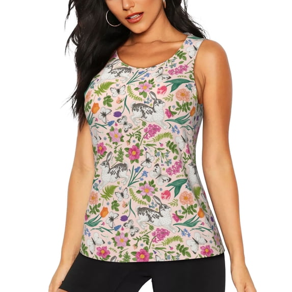 Lsque Bunny Floral Printed Workout Tank Tops for Women, Athletic Sports Tank Tops, Compression Sleeveless Dry Fit Shirts,Sleeveless Yoga Shirt-XX-Large