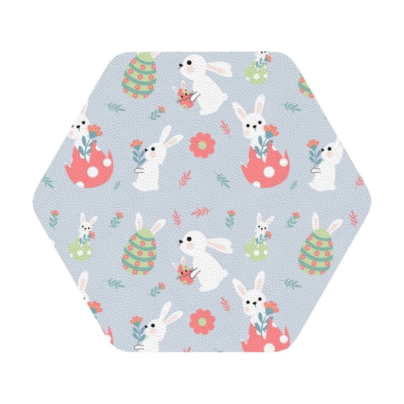 Lsque Bunny cartoon with easter Pattern 4" Drink Coasters Set of 6, Leather Absorbent Coasters, Table Coaster Set Decorative Coffee Cup Coasters Housewarming Gift,Hexagon