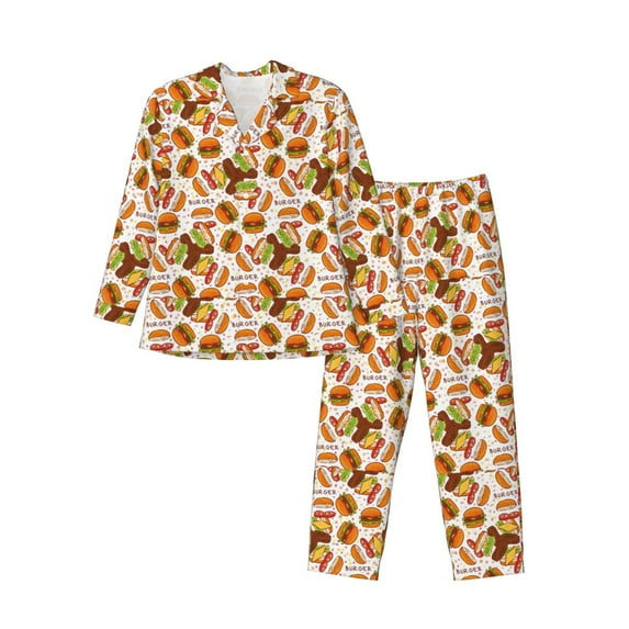 Lsque Burger Pattern Long Sleeve Pajama Set for Men - Soft 2-Piece Sleepwear and Loungewear Set with Pockets, Comfy Nightwear-XX-Large