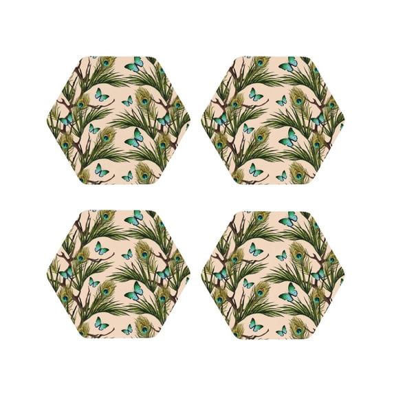 Lsque Butterflies And Peacock Feathers Pattern 4" Drink Coasters Set of 4, PVC Leather Absorbent Coasters, Table Coaster Set Decorative Coffee Cup Coasters Housewarming Gift -Hexagon
